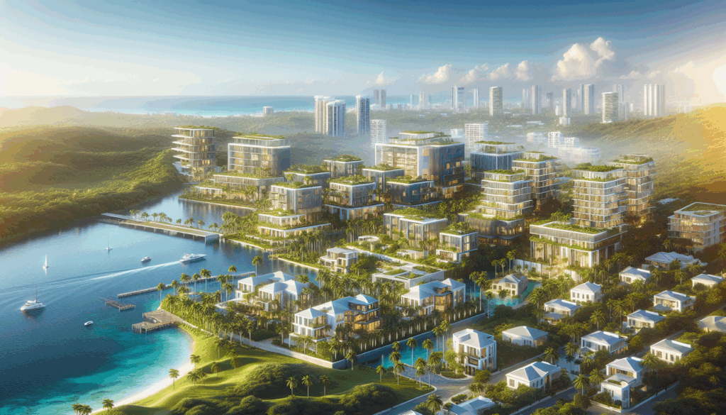 Luxurious waterfront cityscape with high-rise buildings.
